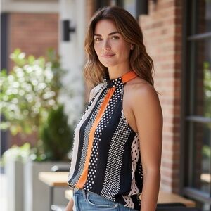 Elegant Halter Blouse with Polka Dots - Black and Orange